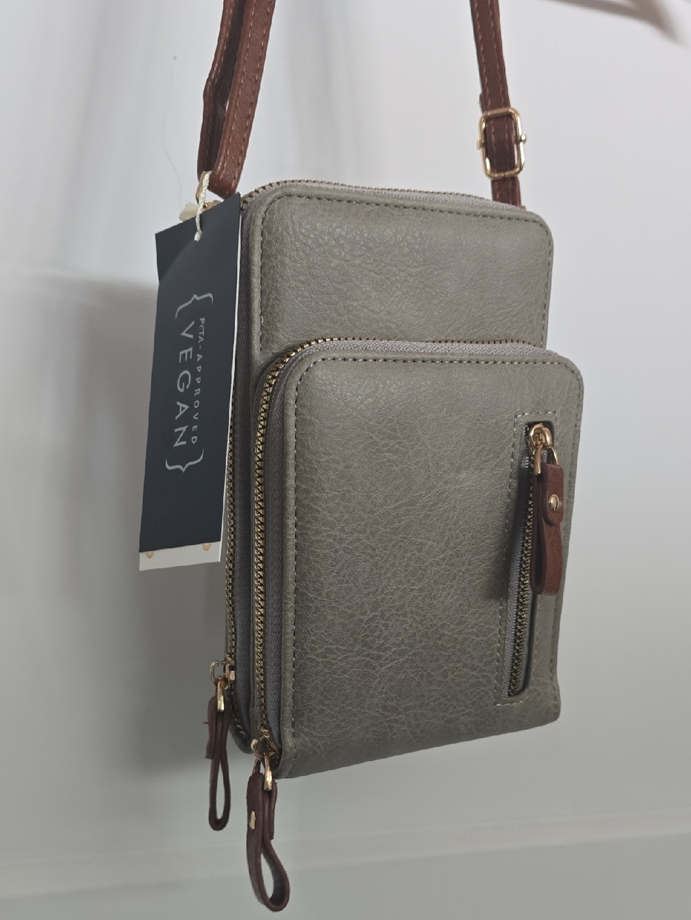 Gray Vegan Leather Crossbody Belt Bag with Brown Strap